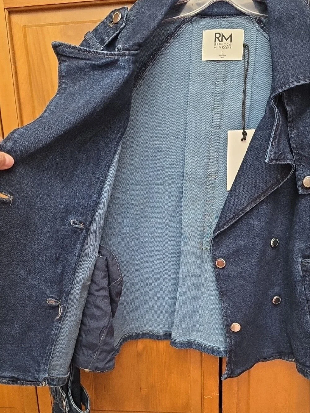 RM Rebecca Minkoff Double Breasted Cropped Denim Trench Jacket Sz LG NEW